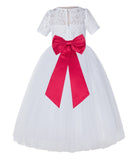 White Floral Lace Flower Girl Dress with Sleeves Junior Bridesmaid Gown Wedding Reception LG2T(4)