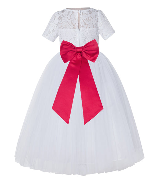 White Floral Lace Flower Girl Dress with Sleeves Junior Bridesmaid Gown Wedding Reception LG2T(4)