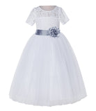 White Floral Lace Flower Girl Dress with Sleeves Junior Bridesmaid Gown Wedding Reception LG2T(5)