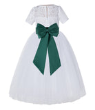 White Floral Lace Flower Girl Dress with Sleeves Junior Bridesmaid Gown Wedding Reception LG2T(5)