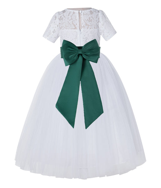 White Floral Lace Flower Girl Dress with Sleeves Junior Bridesmaid Gown Wedding Reception LG2T(5)