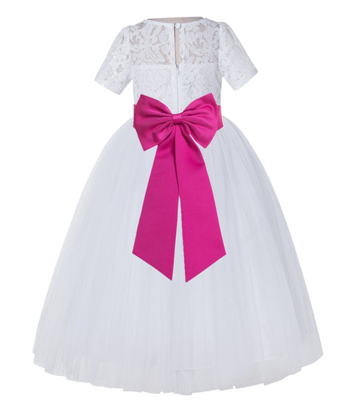 White Floral Lace Flower Girl Dress with Sleeves Junior Bridesmaid Gown Wedding Reception LG2T(5)