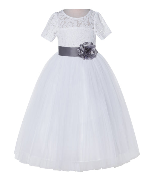 White Floral Lace Flower Girl Dress with Sleeves Junior Bridesmaid Gown Wedding Reception LG2T(4)