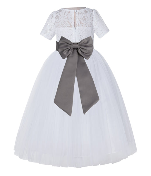 White Floral Lace Flower Girl Dress with Sleeves Junior Bridesmaid Gown Wedding Reception LG2T(4)