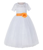White Floral Lace Flower Girl Dress with Sleeves Junior Bridesmaid Gown Wedding Reception LG2T(4)