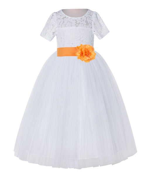 White Floral Lace Flower Girl Dress with Sleeves Junior Bridesmaid Gown Wedding Reception LG2T(4)