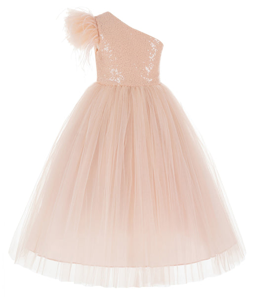 One Shoulder Feather Flower Girl Dress Junior Bridesmaid Gown Communion Baptism Christening OS2