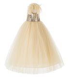 One Shoulder Feather Flower Girl Dress Junior Bridesmaid Gown Communion Baptism Christening OS2