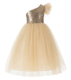 One Shoulder Feather Flower Girl Dress Junior Bridesmaid Gown Communion Baptism Christening OS2