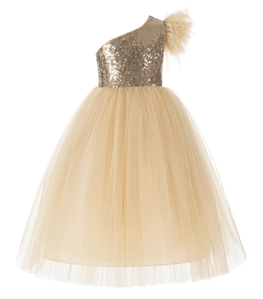 One Shoulder Feather Flower Girl Dress Junior Bridesmaid Gown Communion Baptism Christening OS2