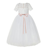 Floral Lace Flower Girl Dress with Sleeves Holy Communion Gown Formal Dance Recital Dresses LG2R1