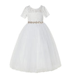 Floral Lace Flower Girl Dress with Sleeves Holy Baptism Gown Formal Photoshoot Dresses LG2R2