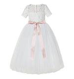 Floral Lace Flower Girl Dress with Sleeves Father Daughter Dance Recital Gown Birthday Party LG2R3