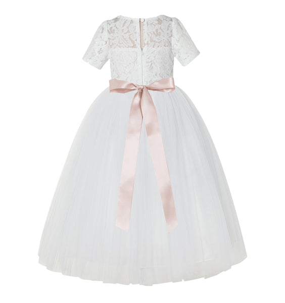 Floral Lace Flower Girl Dress with Sleeves Father Daughter Dance Recital Gown Birthday Party LG2R3