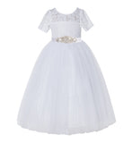Floral Lace Flower Girl Dress with Sleeves Father Daughter Dance Recital Gown Birthday Party LG2R3