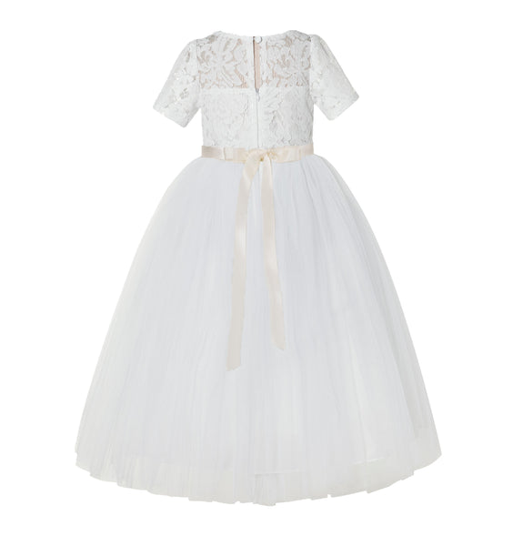 Floral Lace Flower Girl Dress with Sleeves Church Christening Gown Junior Pageant Gown LG2R4