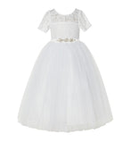 Floral Lace Flower Girl Dress with Sleeves Church Christening Gown Junior Pageant Gown LG2R4