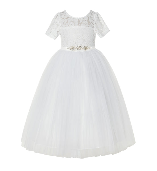 Floral Lace Flower Girl Dress with Sleeves Church Christening Gown Junior Pageant Gown LG2R4