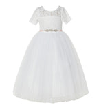 Floral Lace Flower Girl Dress with Sleeves Church Christening Gown Junior Pageant Gown LG2R4