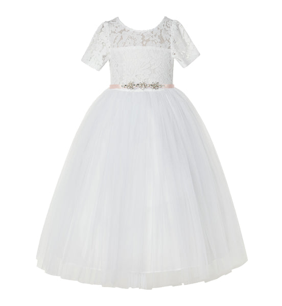 Floral Lace Flower Girl Dress with Sleeves Church Christening Gown Junior Pageant Gown LG2R4