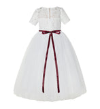 Floral Lace Flower Girl Dress with Sleeves Church Christening Gown Junior Pageant Gown LG2R4