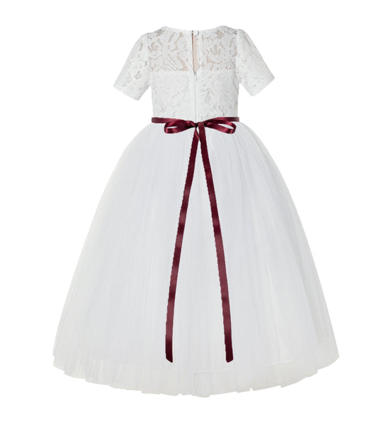 Floral Lace Flower Girl Dress with Sleeves Church Christening Gown Junior Pageant Gown LG2R4