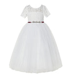 Floral Lace Flower Girl Dress with Sleeves Church Christening Gown Junior Pageant Gown LG2R4