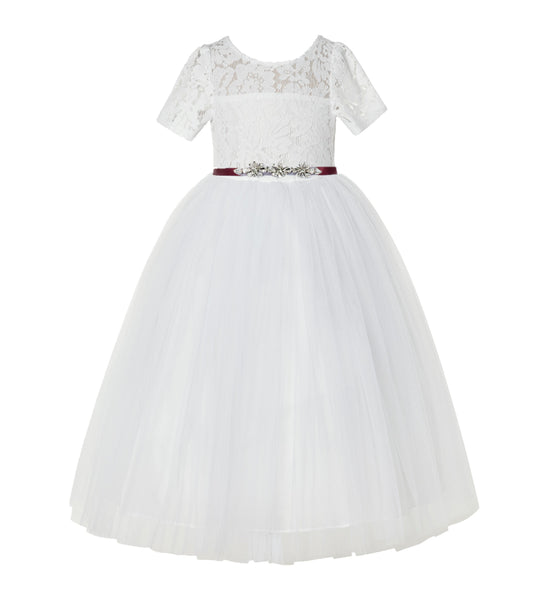 Floral Lace Flower Girl Dress with Sleeves Church Christening Gown Junior Pageant Gown LG2R4