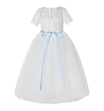 Floral Lace Flower Girl Dress with Sleeves Church Christening Gown Junior Pageant Gown LG2R4