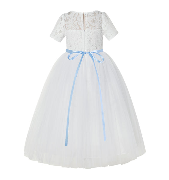 Floral Lace Flower Girl Dress with Sleeves Church Christening Gown Junior Pageant Gown LG2R4