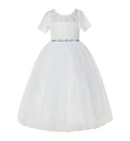 Floral Lace Flower Girl Dress with Sleeves Church Christening Gown Junior Pageant Gown LG2R4