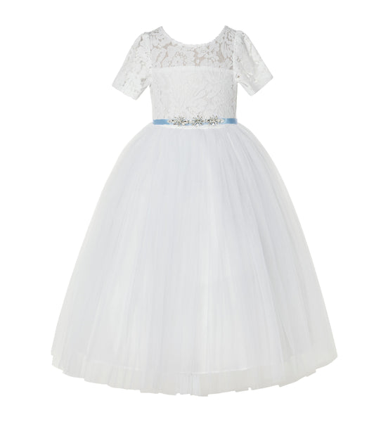 Floral Lace Flower Girl Dress with Sleeves Church Christening Gown Junior Pageant Gown LG2R4