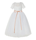 Floral Lace Flower Girl Dress with Sleeves Church Christening Gown Junior Pageant Gown LG2R4