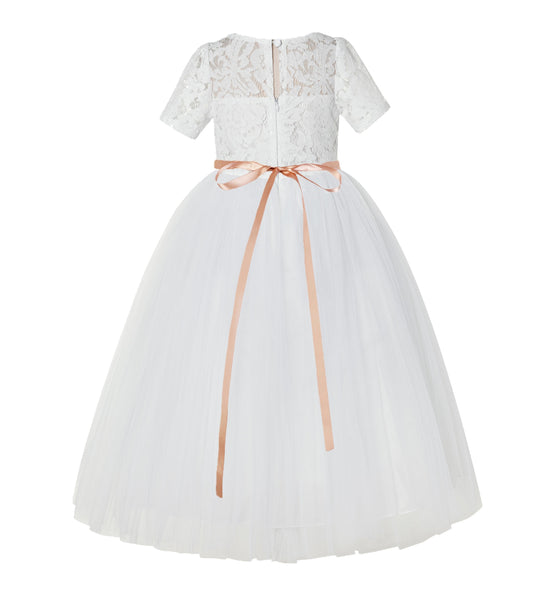 Floral Lace Flower Girl Dress with Sleeves Church Christening Gown Junior Pageant Gown LG2R4