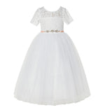 Floral Lace Flower Girl Dress with Sleeves Church Christening Gown Junior Pageant Gown LG2R4