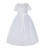 Floral Lace Flower Girl Dress with Sleeves Church Christening Gown Junior Pageant Gown LG2R4
