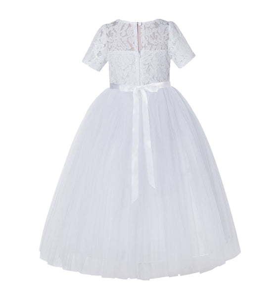 Floral Lace Flower Girl Dress with Sleeves Church Christening Gown Junior Pageant Gown LG2R4