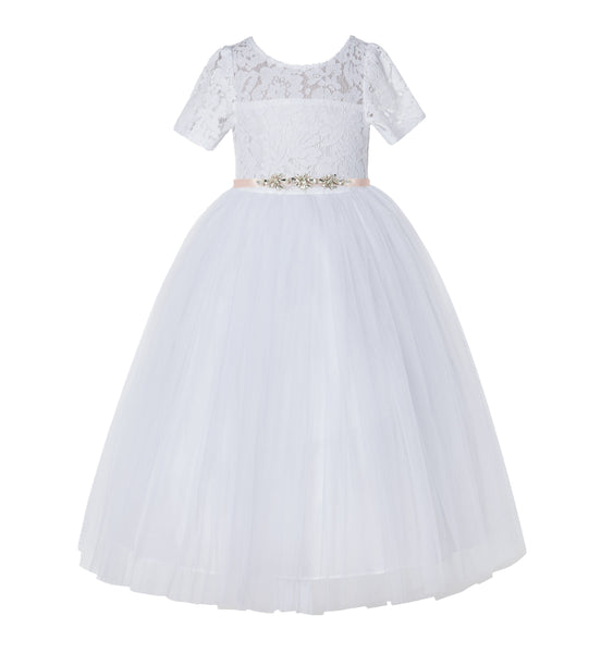 Floral Lace Flower Girl Dress with Sleeves Church Christening Gown Junior Pageant Gown LG2R4