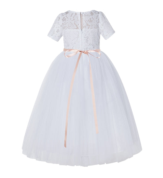 Floral Lace Flower Girl Dress with Sleeves Church Christening Gown Junior Pageant Gown LG2R4