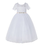 Floral Lace Flower Girl Dress with Sleeves Church Christening Gown Junior Pageant Gown LG2R4