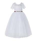 Floral Lace Flower Girl Dress with Sleeves Church Christening Gown Junior Pageant Gown LG2R4