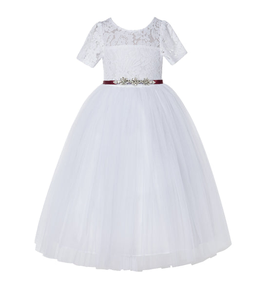 Floral Lace Flower Girl Dress with Sleeves Church Christening Gown Junior Pageant Gown LG2R4