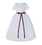 Floral Lace Flower Girl Dress with Sleeves Church Christening Gown Junior Pageant Gown LG2R4