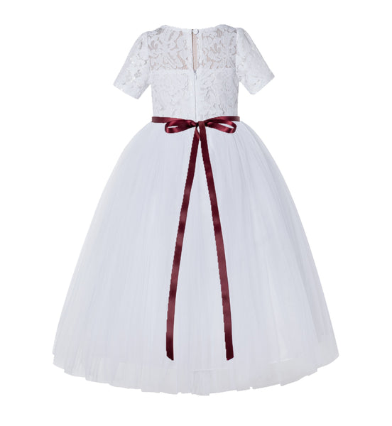 Floral Lace Flower Girl Dress with Sleeves Church Christening Gown Junior Pageant Gown LG2R4