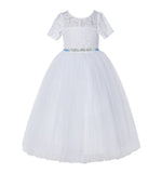 Floral Lace Flower Girl Dress with Sleeves Church Christening Gown Junior Pageant Gown LG2R4