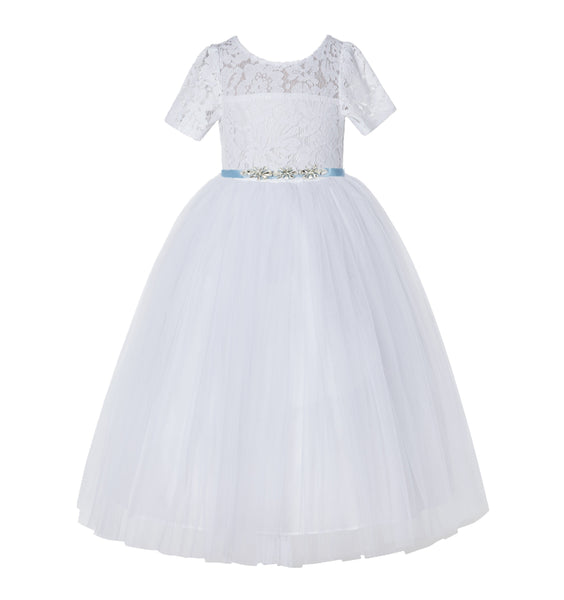 Floral Lace Flower Girl Dress with Sleeves Church Christening Gown Junior Pageant Gown LG2R4