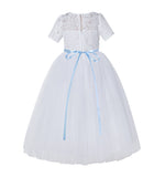 Floral Lace Flower Girl Dress with Sleeves Church Christening Gown Junior Pageant Gown LG2R4