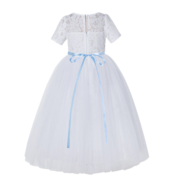 Floral Lace Flower Girl Dress with Sleeves Church Christening Gown Junior Pageant Gown LG2R4