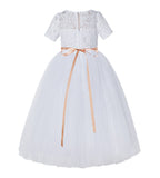 Floral Lace Flower Girl Dress with Sleeves Church Christening Gown Junior Pageant Gown LG2R4