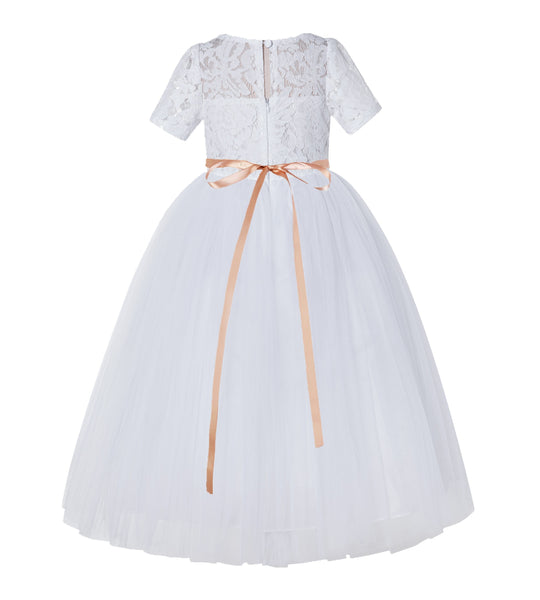 Floral Lace Flower Girl Dress with Sleeves Church Christening Gown Junior Pageant Gown LG2R4